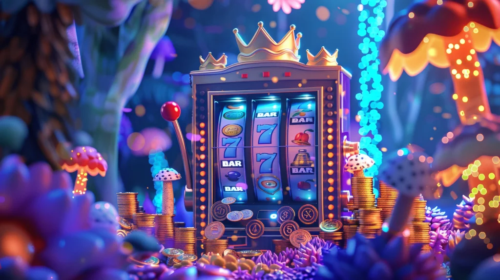 電子老虎機示意插畫，一台老虎機機台置於奇幻場景中