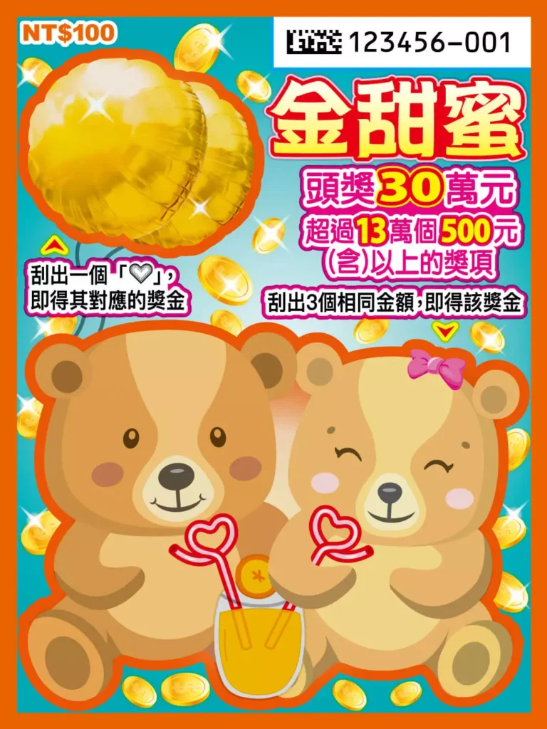 金甜蜜刮刮樂實體票面,畫面以兩隻可愛小熊手牽愛心吸管為主視覺,上方搭配金幣與蜂蜜色系,標示頭獎30萬元